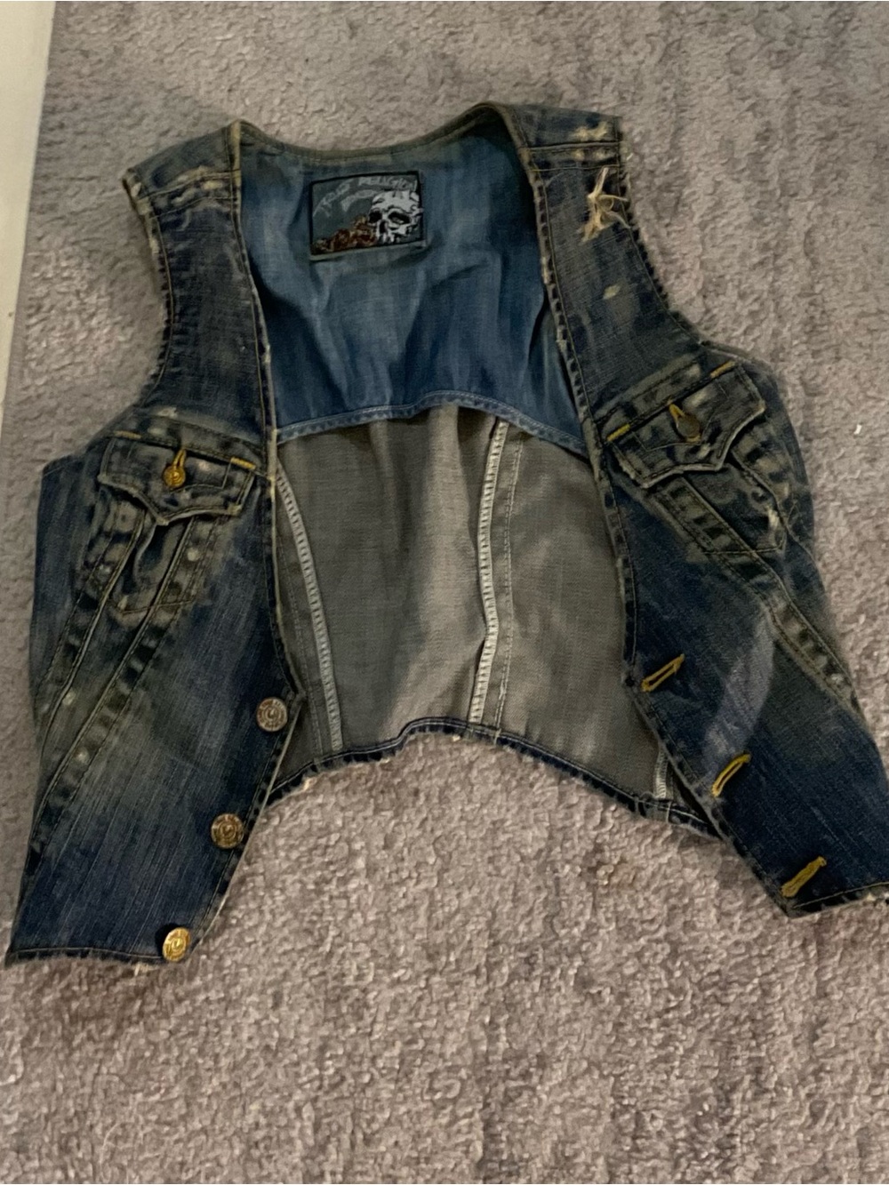 True Religion Women's Distressed Denim Vest - Dark Blue Wash